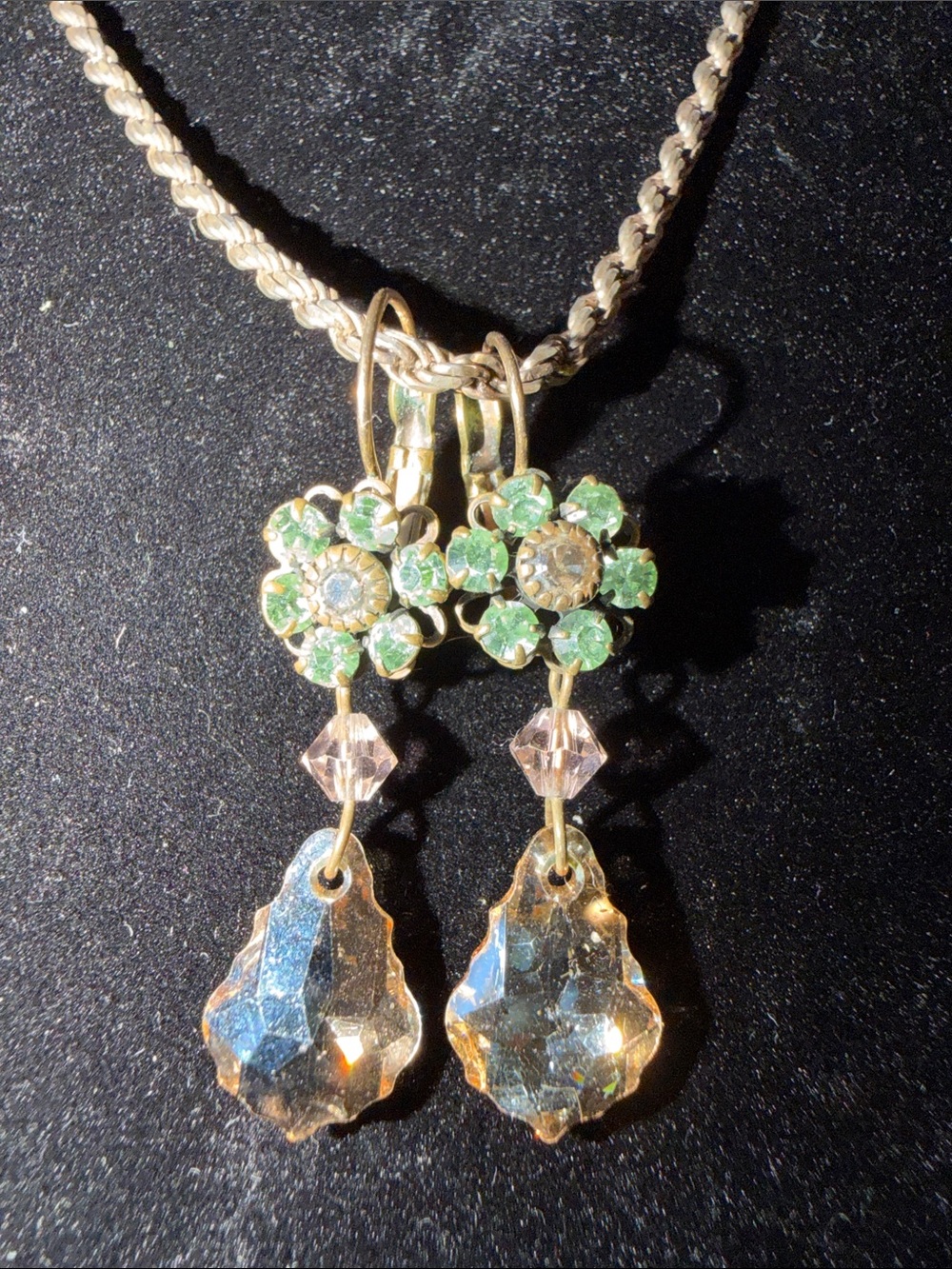 Gold-Tone Green Crystal Flower Drop Earrings